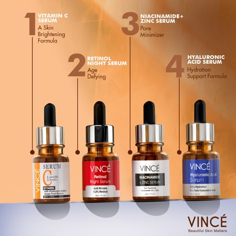 Get a Brighter and Youthful Glow with Vince’s Premium range Serums. Skin Care Products Creative Ads, Premium Cosmetic Packaging, Serum Packaging Ideas, Poster Cosmetic, Creative Packaging Ideas, Amazon Aesthetic, Cosmetic Poster, Cosmetics Aesthetic, Skincare Ads