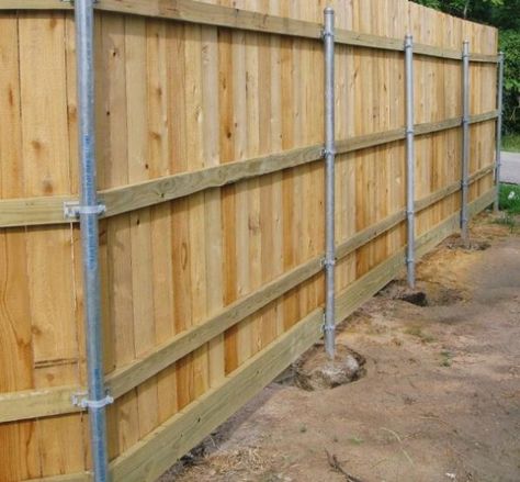 Fence With Metal Posts, Stockade Fence, Build A Fence, Steel Fence Posts, Wood Fence Post, Wooden Fence Posts, Metal Fence Posts, Metal Fence Panels, Wood Privacy Fence