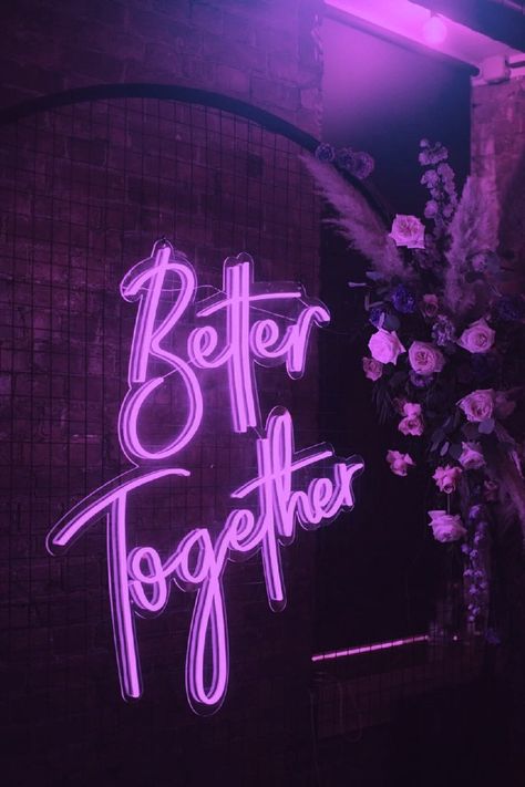 Purple aesthetic neon sign "better together" on a brick wall Purple Aesthetic Neon, Purple Neon Sign, Aesthetic Neon, Pop Art Images, Purple Neon, Neon Sign Bedroom, Wedding Neon Sign, Neon Wallpaper, Neon Wedding