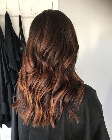 Copper Balayage Natural Hair, Copper Balayage On Medium Brown Hair, Subtle Copper Balayage Brunette, Dimensional Brunette Auburn, Cowboy Coffee Hair, Medium Brown Hair With Red Balayage, Soft Copper Balayage, Reddish Brown Hair Balayage, Brunette To Copper Balayage