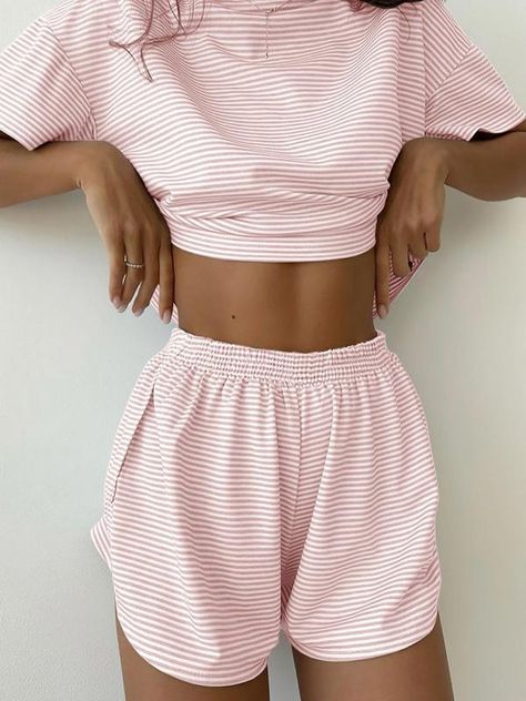 Short Loungewear, Drop Shoulder Tee, Short Pj Set, Striped Pyjamas, Loungewear Women, Loose Knit, Knit Long Sleeve, Elastic Waist Shorts, Long Sleeve Knit Tops