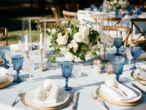 Round Wedding Table Decorations, Wedding Table Settings Blue, Floral Canopy, Round Wedding Tables, Blue Table Settings, Wedding Goblets, Wedding Glassware, Blue Glassware, Teal Wedding