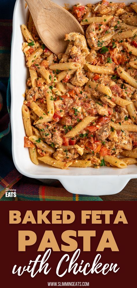 Feta Pasta With Chicken, Mediterranean Chicken Pasta, Tomato Pasta Bake, Greek Chicken Pasta, Chicken Penne Pasta, Chicken Tomatoes, Penne Pasta Recipes, Baked Feta Pasta, Low Fat Chicken