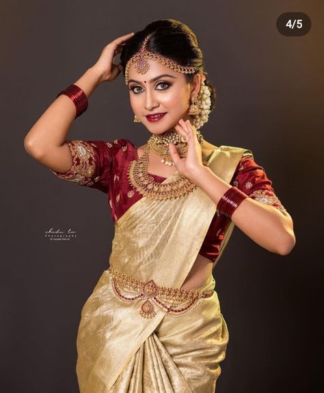 Golden Contrast Colour Dress, South Indian Model Shoot, Maalai For Wedding Reception, Kerala Bridal Look, Thalambralu Saree, Karnataka Bride, Kerala Engagement Dress, Indian Wedding Reception Outfits, South Indian Wedding Saree