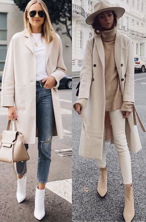 Beige Boots Work Outfit, Cream Coat Outfit Spring, Cream Coatigan Outfit, Long Cream Coat Outfit, Botines Beige Outfit, Outfit Botines Blancos, White Ankle Boots Outfit Winter, Botas Beige Outfit, Beige Boots Outfit Ankle