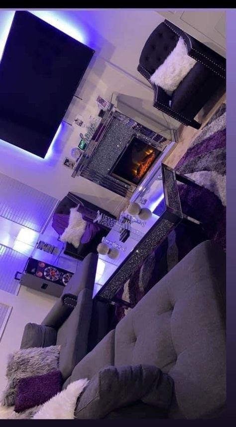 Black Grey And Lavender Living Room, Living Room Decor Baddie, Grey And White House Decor, Apartment Decorating Y2k, Black And Purple Apartment Decor, Living Room Designs Led Lights, Dream Apartment Decor Living Room, Women Living Room Ideas, Baddie Apartment Ideas Living Room