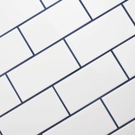 White gloss tile. Blue grout Blue Grout, Yellow Cupboards, Lighting Entryway, Tiling Ideas, Dark Grout, Lake Kitchen, Cellar Ideas, Diy Kitchen Shelves, Trendy Kitchen Backsplash