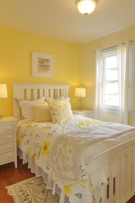 Pale Yellow Bedrooms, Light Yellow Walls, Yellow Bedroom Walls, Peach Bedroom, Paint Themes, Yellow Room, Yellow Trim, Yellow Bedroom, Rose Decor