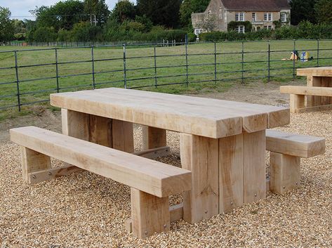 Green Oak Garden Furniture | Street Furniture | 3D Oak Limited Essex Oak Sleeper Table, Oak Sleepers, Picnic Table Bench, Oak Framed Buildings, Pallet Garden Furniture, Picnic Bench, Garden Table And Chairs, Timber Furniture, Garden Dining Set