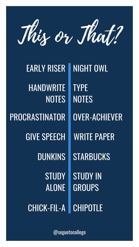 Share this on your instagram and tag @seguetocollege! #thisorthat #instagram This Or That College Edition, Teaching Psychology, Handwritten Type, Community Ideas, College Resources, School Edition, Typed Notes, Education Activities, Story Templates