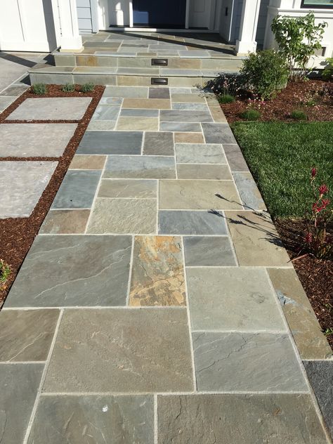 Walkway Tiles Pathways, Flagstone Sidewalk Ideas, Flagstone Entryway Front Entrances, Outdoor Flooring Design, Slate Pavers Walkways, Flagstone Patio Design Ideas, Tile Walkways To Front Door, Blue Stone Walkways To Front Door, Bluestone Walkway To Front Door