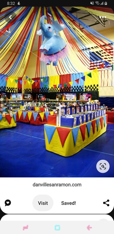 Carnival Classroom Transformation, Circus Book Fair, Circus Fundraiser, Bookfair Themes, Under The Big Top Theme, School Carnival Decorations, Carnival Classroom Theme, Pta Event Ideas, Carnival Book