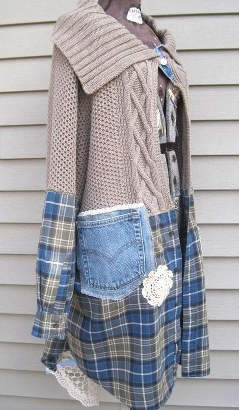 Flannel Shirt Refashion, Tas Denim, Redo Clothes, Clothing Projects, Clothing Upcycle, Denim Coat Women, Upcycle Clothes Diy, Recycled Sweaters, Recycled Clothing