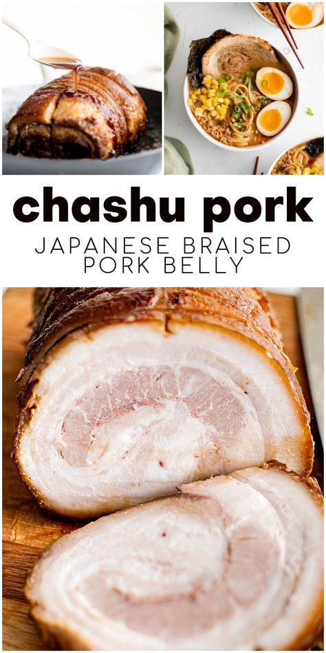 Learn how to make this tender, melt-in-your-mouth Chashu Pork Recipe at home! Made with marinated and rolled pork belly braised in a sweet and savory combination of fresh ginger, mirin, soy sauce, and sake, it's the perfect ramen topping. Pork Belly Chashu, Cha Shu Pork Recipe, Ramen Pork Belly Recipes, Cashu Pork, Pork Chashu Recipe, Rolled Pork Belly Recipes, Chasu Pork Recipe, Pork Belly For Ramen, Pork Souse