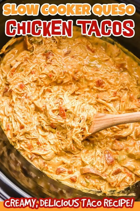 Slow Cooker Queso Chicken Tacos is made with easy ingredients. Change up Taco Tuesday with this easy and flavorful homemade taco slow cooker recipe. Chicken Queso Tacos combines chicken, taco seasoning, queso and diced tomatoes to make an amazing cheesy taco recipe. #eatingonadime #quesochickentacos #slowcookertacorecipes Chicken Queso Tacos, Taco Slow Cooker, Queso Chicken Tacos, Slow Cooker Queso Chicken, Queso Tacos, Slow Cooker Queso, Chicken Queso, Crock Pot Queso, Queso Chicken