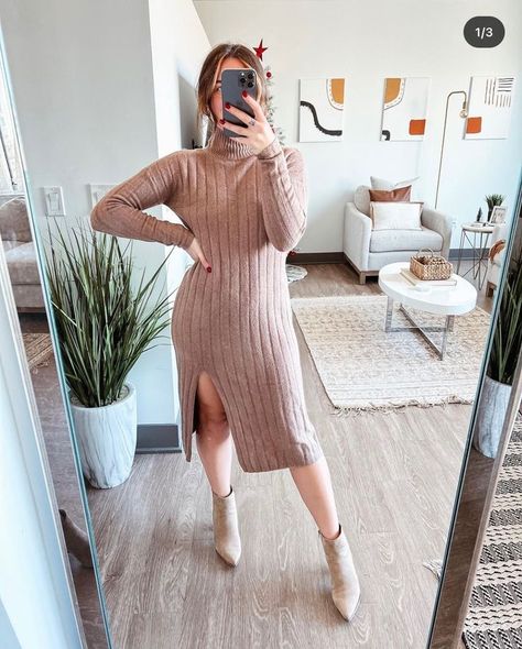 Chic Teacher Outfits, Midi Sweater Dress Outfit, Brown Sweater Dress Outfit, Sweater Dress Outfit Ideas, Sweater Dress Outfit Fall, Brown Dresses Outfit, Sweater Dress Outfit Winter, Outfit Ideas With Boots, Jumper Dress Outfit