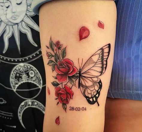 Red And Black Butterfly Tattoo, Rose With Butterfly Tattoo, Tattoo Ideas Zodiac, Art Sleeve Tattoo, Butterfly Tattoo For Women, Tattoo Ideas Skull, Rose Butterfly Tattoo, Tattoo Designs Minimalist, Tattoo Designs Dragon