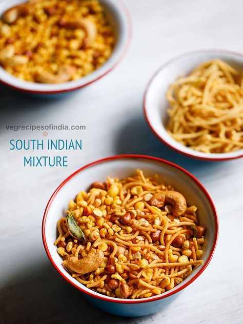 mixture recipe with step by step pics. one of the popular and delicious south indian snacks made during diwali is mixture, which is basically a mix of various edible ingredients, nuts and dry fruits. #mixturerecipe #diwalisnacks #diwali Paneer Frankie, Kashmiri Pulao, Diwali Faral, Desserts Recipes Easy, Healthy Indian Snacks, Mixture Recipe, South Indian Snacks, South Indian Breakfast Recipes, Diwali Recipes