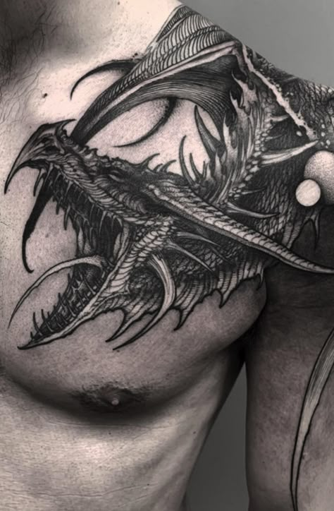 Huge Dragon Tattoo, Unique Dragon Tattoo For Men, Male Dragon Tattoo, Evil Dragon Tattoo, Tattoos With Animals, Mens Dragon Tattoo, Full Body Dragon Tattoo, Got Dragon Tattoo, Dark Dragon Tattoo