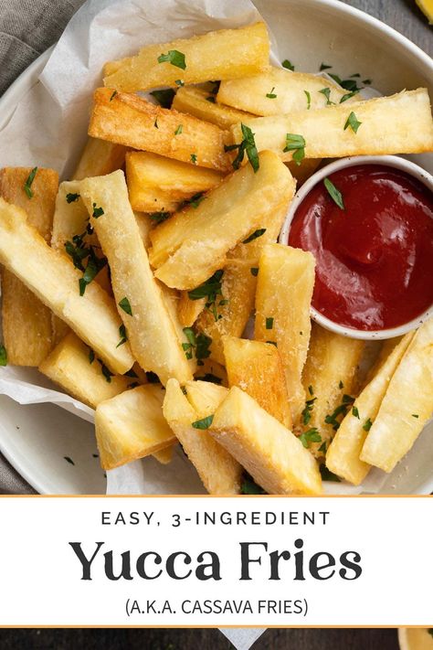 These yucca fries are extra crispy on the outside, and super soft and creamy on the inside. They're surprisingly easy to make, and are the perfect side dish to share with family and friends! Fried Yucca, Cassava Fries, Yuca Fries, Yucca Fries, Dairy Free Appetizers, Dairy Free Snacks, Fries Recipe, Delicious Breakfast Recipes, Perfect Side Dish