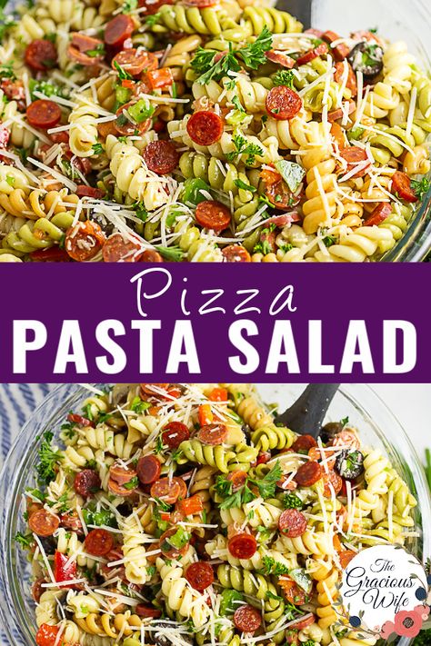 Fresh and zesty Pizza Pasta Salad is packed with flavor and fresh vegetables, plus cheese and pepperoni to include all of your favorite pizza toppings. One of our family favorite crowd-pleaser recipes that's great for potlucks, barbecues, and holidays. Pepperoni Ranch Pasta Salad, Pizza Pasta Salad Recipes, Pepperoni Pizza Salad, Pepperoni Salad Pasta, Pepperoni Pasta Salad Recipes, Pasta Salad Recipes With Pepperoni, Pasta Salad With Pepperoni And Cheese, Salads That Go Well With Pizza, Hamburger Pasta Salad