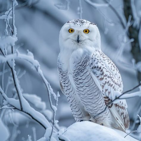 In this stunning winter scene, a snowy owl, with its striking white plumage, is perched alertly among the frosty branches of a tree. The owl's intense yellow eyes stand out against the soft blue and white hues of the snowy environment, creating a captivating contrast. This image beautifully captures the serene atmosphere of the winter season, while showcasing the owl's adaptability to harsh cold climates. The delicate snowflakes clinging to the branches enhance the overall ethereal quality of th Winter Bird Illustration, Snowy Owl Aesthetic, Snowy Environment, Movement Cards, Snowy Owls, Animal Movement, Snow Owl, White Owl, Winter Animals