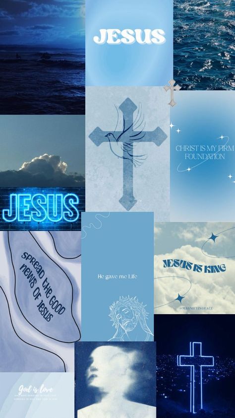 Aesthetic Christian Wallpaper Collage, Blue Christian Wallpaper Aesthetic, Jesus Aesthetic Wallpaper, Blue Christian Wallpaper, Bible Verse Wallpaper Iphone, Bible Verses Phone Wallpaper, Aesthetic Wallpaper Collage, Jesus Aesthetic, Quotes Bible Verses