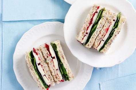 Turkey, Brie And Cranberry Sandwiches Recipe - But serve on cinnamon bread instead High Tea Sandwiches, Brie And Cranberry, High Tea Food, Tea Party Sandwiches, Tea Sandwiches Recipes, Afternoon Tea Recipes, Party Sandwiches, High Tea Party, Finger Sandwiches