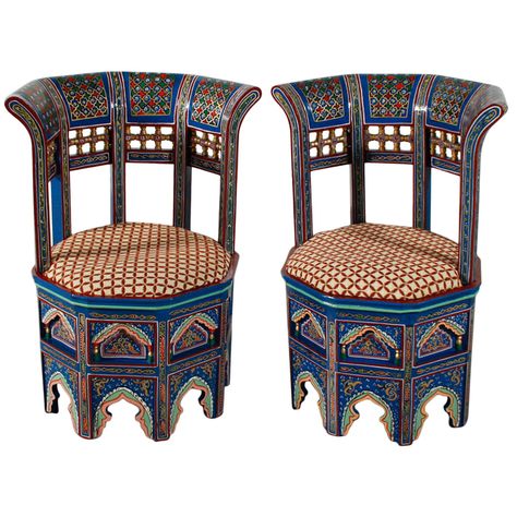 Pair of Moroccan Painted and Gilded Chairs | From a unique collection of antique and modern side chairs at https://www.1stdibs.com/furniture/seating/side-chairs/ Moroccan Chair, Turkish Furniture, Moroccan Furniture, Style Marocain, Modern Side Chairs, Wooden Chairs, Shabby Chic Dresser, Ornate Furniture, Plywood Furniture