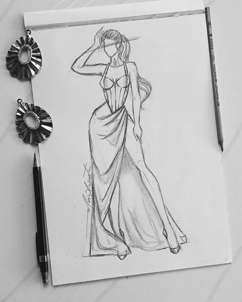 Dresses Art Drawing, Design A Dress, Model Design, Dress Designs Sketch, Girl In Dress Drawing, Dresses Art, Fashion Dresses Drawing Sketches, Dresses To Draw, Pencil Drawings Dresses Sketch