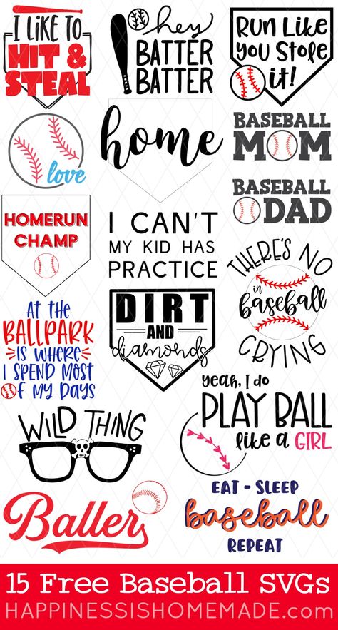 Calling all baseball fans! Use these 15 FREE Baseball SVG files to make your own baseball and softball shirts, hats, totes and more for game day and every day! Free Baseball Svg, Baseball Cricut, Baseball Shirt Designs, Baseball Crafts, Baseball Room, Baseball Theme, Cricut Projects Beginner, Sport Shirts, Baseball Design