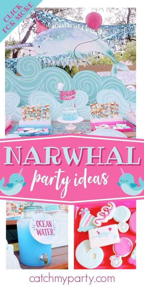 Take a look at this magical narwhal-themed birthday party! The backdrop is so impressive! See more party ideas and share yours at CatchMyParty.com Narwhal And Jelly Birthday Party, Not Quite Narwhal Party, Narwal Birthday Party, Narwhal Party Ideas, Narwhal Craft, Not Quite Narwhal, Narwhal And Jelly, Narwhal Birthday Party, Gabby Birthday