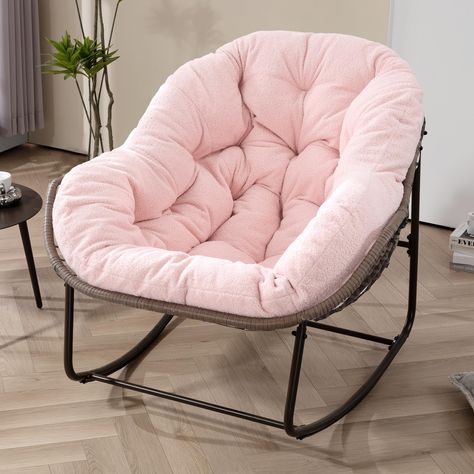 PRICES MAY VARY. EGG SHAPED ROCKER: This large egg rocking chair measures 43.7" D x 37.2" W x 31.5" H, it has an elegant egg shape that wraps you in its comfortable structure and swings 30° back and forth, rocking gently and smoothly to give you maximum comfort to rest SPECIAL FRAME MATERIALS: The frame of this adults lounge chair is made of coated steel and hand-woven rattan, with a strong structure that can support 330 lbs, while the rattan material is UV resistant and durable, making it more Big Fluffy Chair, Pink Beanbag Chair, Pink Bedroom Chair, Cute Rocking Chair, Egg Chair Office, Cute Stuff For Your Room, Comfy Chairs For Bedroom, Reading Nook Bedroom, Makeup Chairs