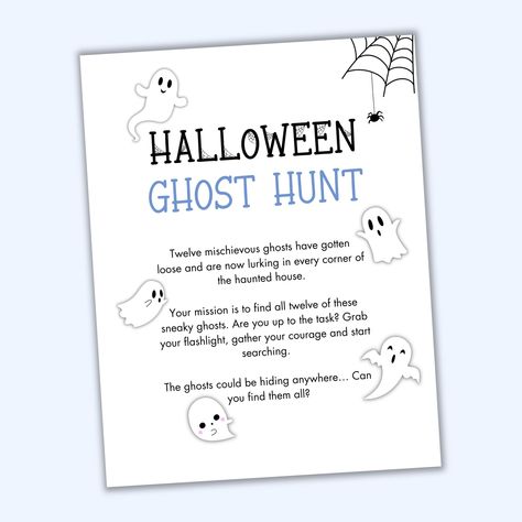 This Halloween Ghost Hunt game would make a great last-minute Halloween party game for kids. Cut out the ghost cards and hide them around the house… then, turn off the lights, grab some flashlights and let the scavenger hunt begin! Digital download includes: 2 PDF files (US Letter + A4) 1 game instruction sheet 1 tracking sheet 10 ghost cards NOTE: This item is a digital download and no physical product will be shipped. For personal or school use only; file cannot be redistributed or used commer Kids Halloween Party School, Halloween Games For Staff, Neighborhood Halloween Decorating Contest, Pumpkin Festival Games, Pumpkin Hunt Ideas, Halloween Birthday Party Games For Kids, Halloween Party For Senior Citizens, Halloween Movement Games, Halloween Games For Third Graders