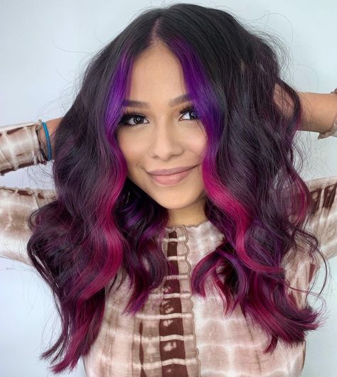 Fantasy Color Money Piece Hair, Plum Hair With Pink Money Piece, Pink And Purple Money Piece Hair, Vivid Money Piece Hair, Rainbow Peekaboo Hair, Purple Halo Hair, Vivid Hair Color Ideas For Brunettes, Purple Money Piece Hair, Fun Colored Hair