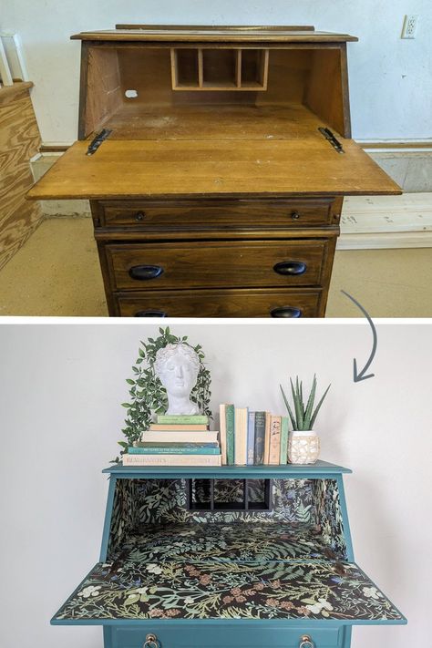 Stunning Secretary Desk Makeover with Bold Paint and Wallpaper Painting Desks Ideas, Boho Secretary Desk, Chalk Painted Secretary Desk, Painted Vintage Desk, Antique Writing Desk Makeover, Desk Refurbish Ideas, Wallpapered Desk, Refinished Secretary Desk, Bureau Desk Upcycle