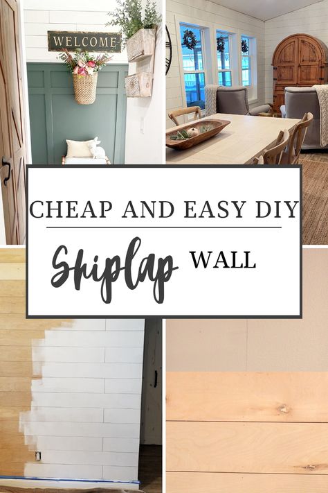 A collage of 4 pictures, the first picture has white shiplap wall and green board and batten wall, the second picture has a room with white shiplap walls and an ivory dining table with wood colored chairs, the third picture has a shiplap wall that has some white paint on it and wood colored plywood showing through, the forth picture has wood plywood in strips attached to a blue wall. How To Do A Shiplap Wall Easy Diy, How To Make Shiplap Boards, How To Shiplap Walls Diy, Fake Shiplap Wall Diy, Cheap Shiplap Wall, Diy Ship Lap, Cheap Shiplap, Diy Shiplap Wall, Cheap Plywood