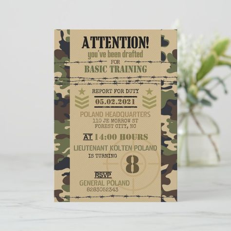 Camo Birthday Invitations, Camo Birthday Party, Cafe Menu Design, Camo Birthday, Military Party, Party Invite Design, 9th Birthday Parties, Cafe Menu, 9th Birthday