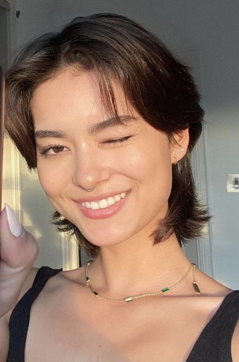 Short Hair Longer In Back, Short But Feminine Hair, Shaggy Long Pixie Haircut, Short Haircut For Thick Straight Hair, Asian Short Haircuts For Women, Modern Mullet Women Straight Hair, Soft Shag Haircut Short Straight, Fleabag Haircut, Short Hairstyle Women No Bangs