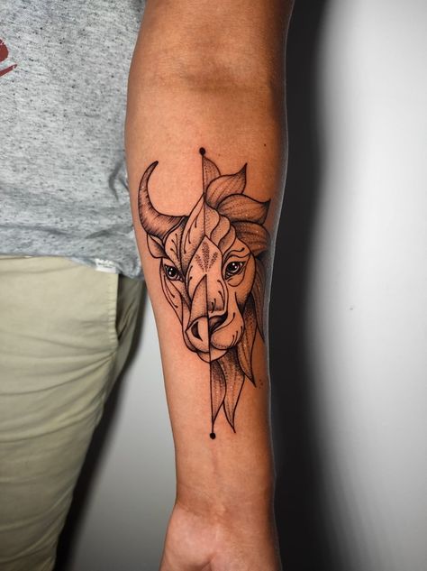 Half Lion Half Bull Tattoo, Leo And Taurus Tattoo Combined, Taurus And Leo Tattoo Together, Lion And Bull Tattoo, Family Zodiac Tattoos Ideas, Leo Taurus Tattoo, Ox Tattoo Zodiac, Taurus Leo Tattoo, Leo And Taurus Tattoo