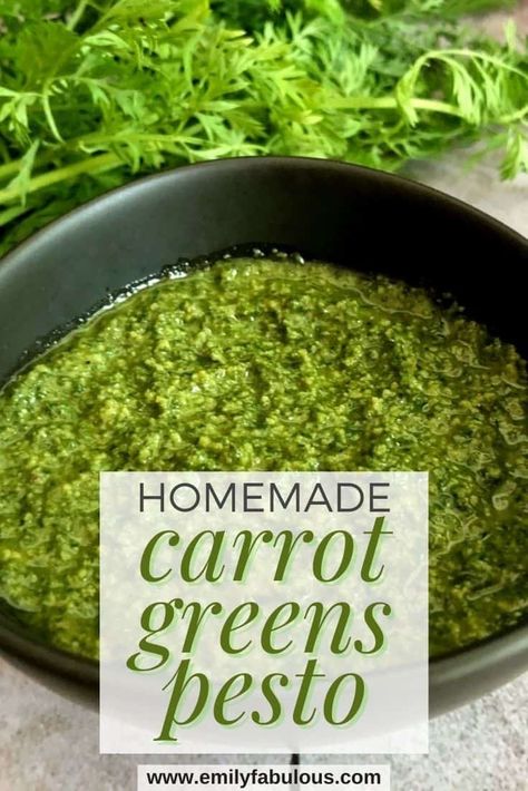 Carrot Leaf Pesto - No Waste Recipe - Carrot Tops - EmilyFabulous Carrot Leaf Pesto, Carrot Pesto Recipe, Carrot Top Pesto Recipe, Recipes With Carrot Tops, Carrot Tops Recipes, Carrot Greens Recipe, No Waste Recipes, Carrot Top Recipes, Dandelion Pesto Recipe