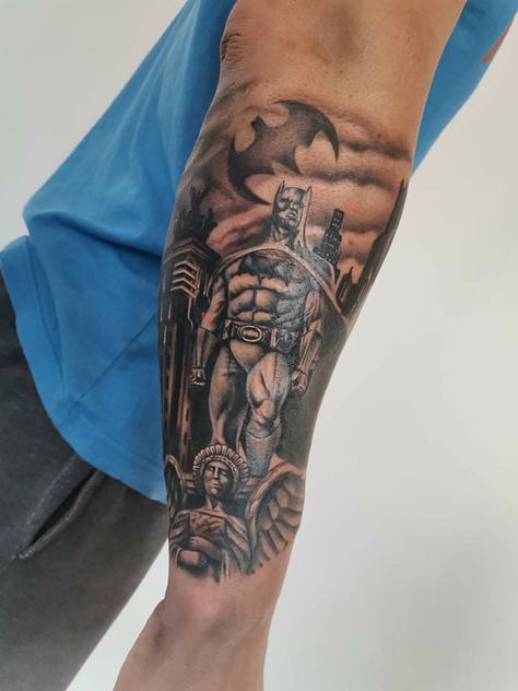 Tattoo Batman Chest Tattoo For Men, Batman Sleeve Tattoo, Batman Tattoo For Men, Batman Tattoo Sleeve, Batman Tattoo, Half Sleeve Tattoos For Guys, Tattoos For Black Skin, Leg Tattoo Men, Tattoo Design Book