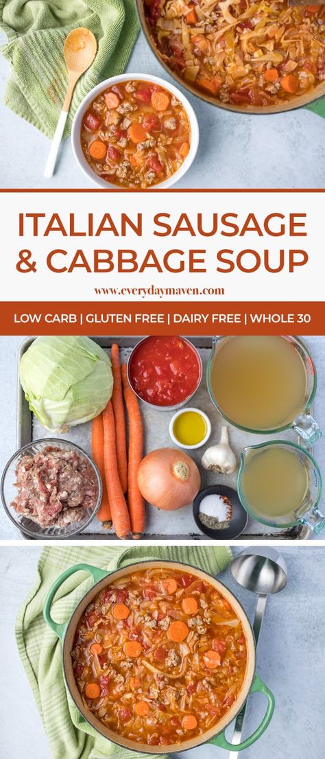 This popular and easy Italian Sausage and Cabbage soup recipe is a delicious meal-in-a-bowl that is gluten-free, keto, and Whole30 compatible! Cabbage Soup Sausage, Sausage Soup Recipes Healthy, Italian Sausage And Cabbage, Sausage And Cabbage Soup, Sausage And Cabbage, Cabbage Soup Recipe, Sausage Soup Recipes, Cabbage And Sausage, Italian Sausage Soup