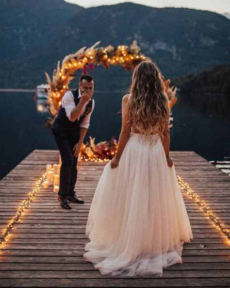 Micro Wedding Venues Trendy Ideas For 2020/2021 ★ micro wedding venues evening ceremony on dock janasnuderl Wedding Ceremony Backdrop Indoor, Wedding Altar Decorations, Dock Wedding, Light Arch, Indoor Wedding Ceremonies, Wedding Arches, Cottage Wedding, Arch Decoration, Wedding Altars