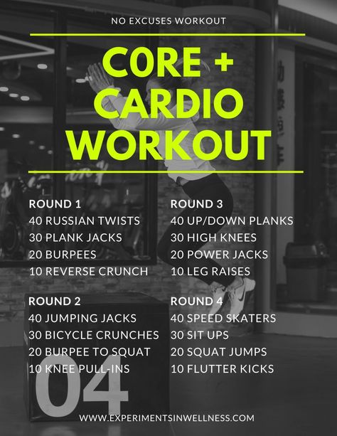 Core + Cardio Workout - Experiments In Wellness Full Core Workout Gym, Cardio Workout At Home List, Amrap Core Workout, Abs Emom Workout, Hiit Core Workout At Home, Core Crossfit Workout, Core Hit Workouts, Cardio Core Circuit, Cardio Workout At Home For Men