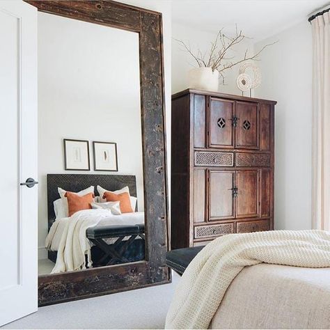 Black French Doors, Wood Full Length Mirror, Room Design Inspiration, Blue Painted Walls, Guest Room Design, Wooden Bedroom, Transitional Bedroom, Length Mirror, Full Length Mirror