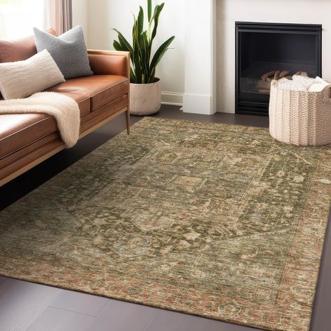 Featuring a formal medallion vintage and distressed pattern, this rug offers a refined touch to traditional decor. The detailed medallion design and distressed finish provide a vintage charm that elevates any space. Blue Green Brown Rugs, Olive Green Couches, Green Outdoor Rug, Colorado House, Green Couch, Colorado Homes, Studio Ideas, Rugs Kitchen, Medallion Design