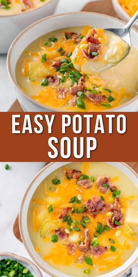 potato soup in a bowl Potato Soup With Chicken Broth, Potato Soup With Chicken, Soup With Chicken Broth, Classic Potato Soup Recipe, Classic Potato Soup, Simple Potato Soup, Chicken Broth Recipe, Creamy Potato Soup Recipe, Homemade Potato Soup