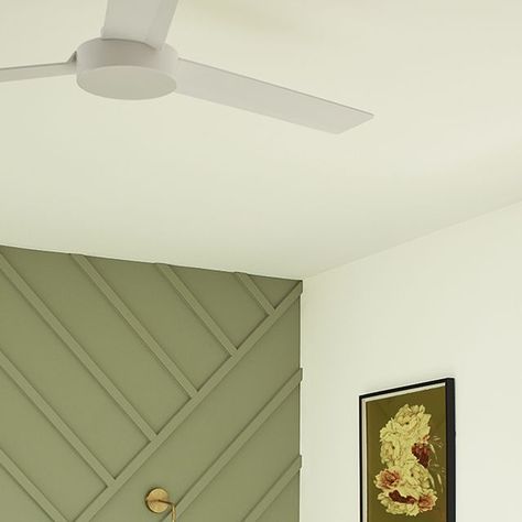 Benjamin Moore on Instagram: "Looking for an easy way to spruce up your bedroom? Add definition and dimension with a paneled accent wall. Balance a mossy green like Misted Fern CC-668 with soft Cloud White OC-130 to create a colorful space without feeling overly saturated. Get started now with a color sample from our website or your locally owned store. #BenjaminMoore #Paint #Home #InteriorDesign #Bedroom . (ACCENT WALL & PANELING) Misted Fern CC-668, Regal® Select, Eggshell (WALLS) Cloud White Benjamin Moore Misted Fern, Misted Fern Benjamin Moore, Eggshell Walls, Paneled Accent Wall, Accent Wall Paneling, Flat Window, Bedroom Accent Wall, Wall Cloud, Ceiling Paint