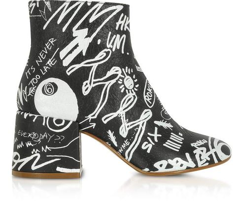 MM6 Maison Martin Margiela Black Crackled Graffiti Printed Leather Heel Boots Graffiti Shoes, Leather Heel Boots, London Fashion Week Mens, Best Graffiti, Tabi Shoes, Leather Heeled Boots, Graffiti Prints, Black Heel Boots, Martin Margiela